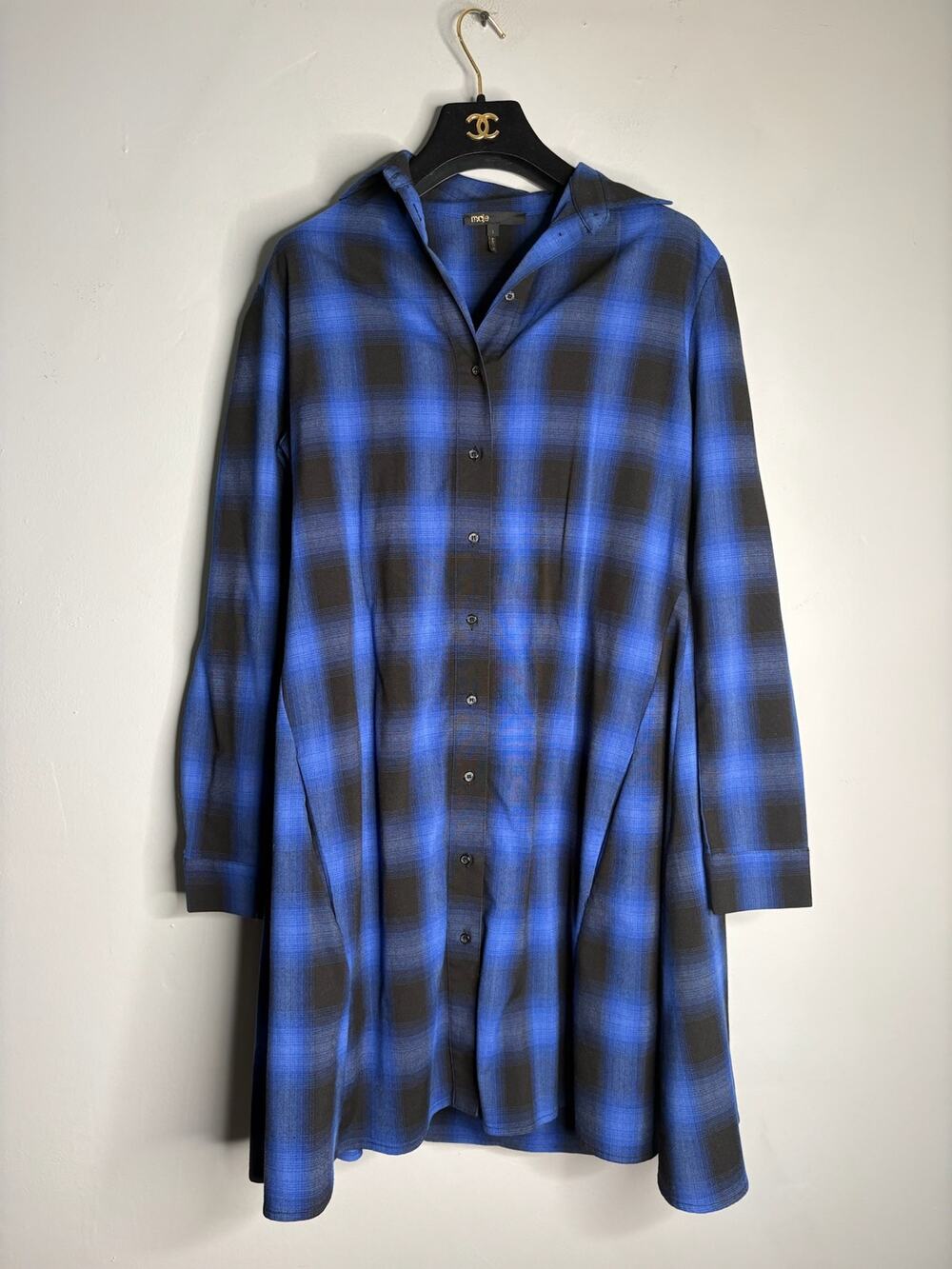 Maje Blue Black Plaid Long Sleeve Button Down Shirt Dress Size L With Belt